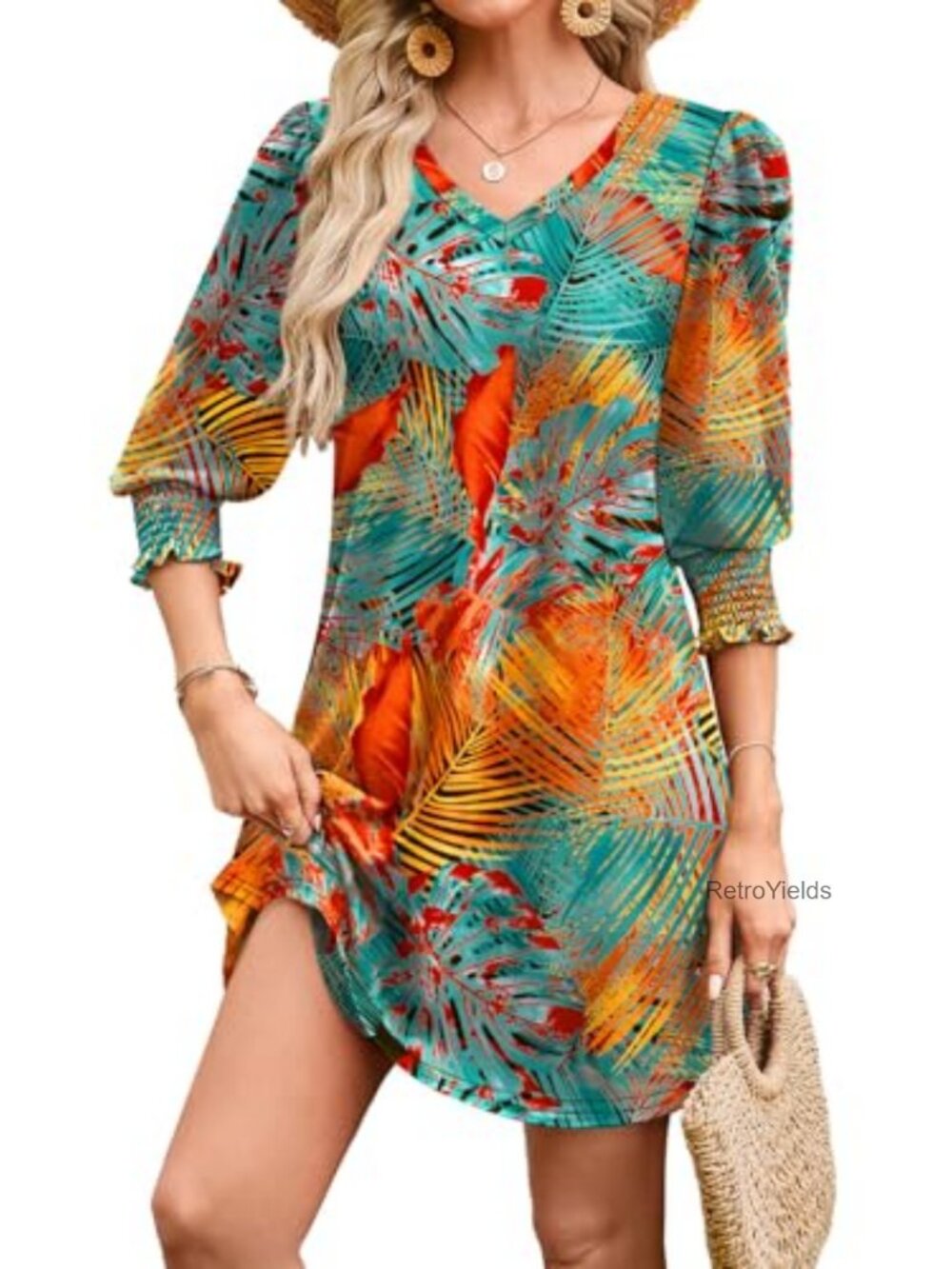 Womens 3/4 Puff Sleeve V-Neck Floral Midi Dress with Pockets